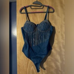 NWOT Denim Rhinestone Bodysuit